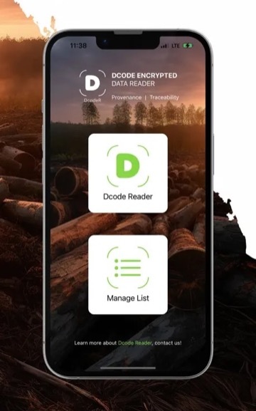 Dcode mark on a timber log with GPS origin data visible in the app