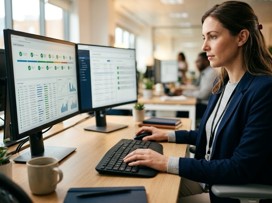 Supply chain analyst reviewing digital audit trail on compliance dashboard