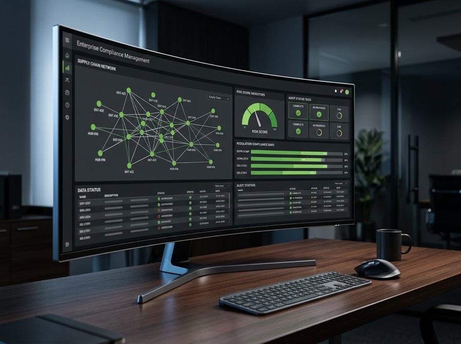 Enterprise compliance management dashboard showing supply chain risk and audit data