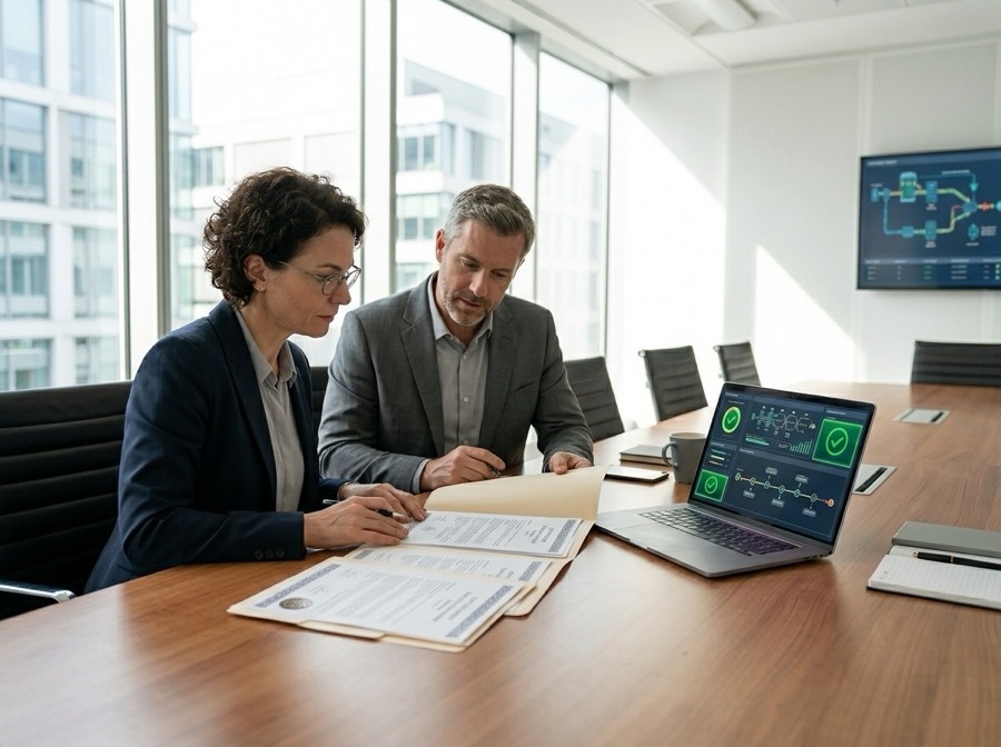 Compliance officers reviewing chain-of-custody certification documentation