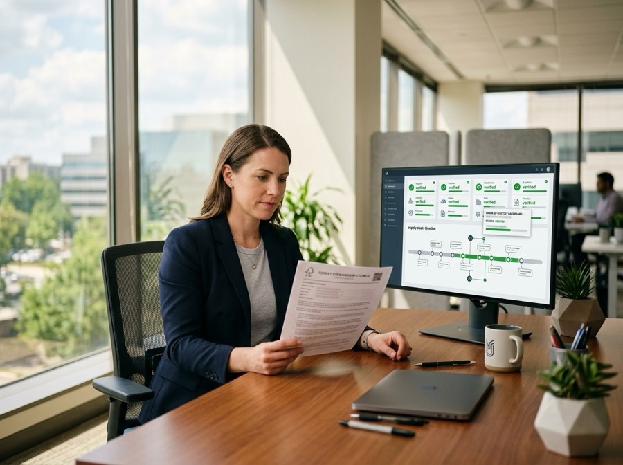 Compliance manager reviewing Chain of Custody documentation with digital platform