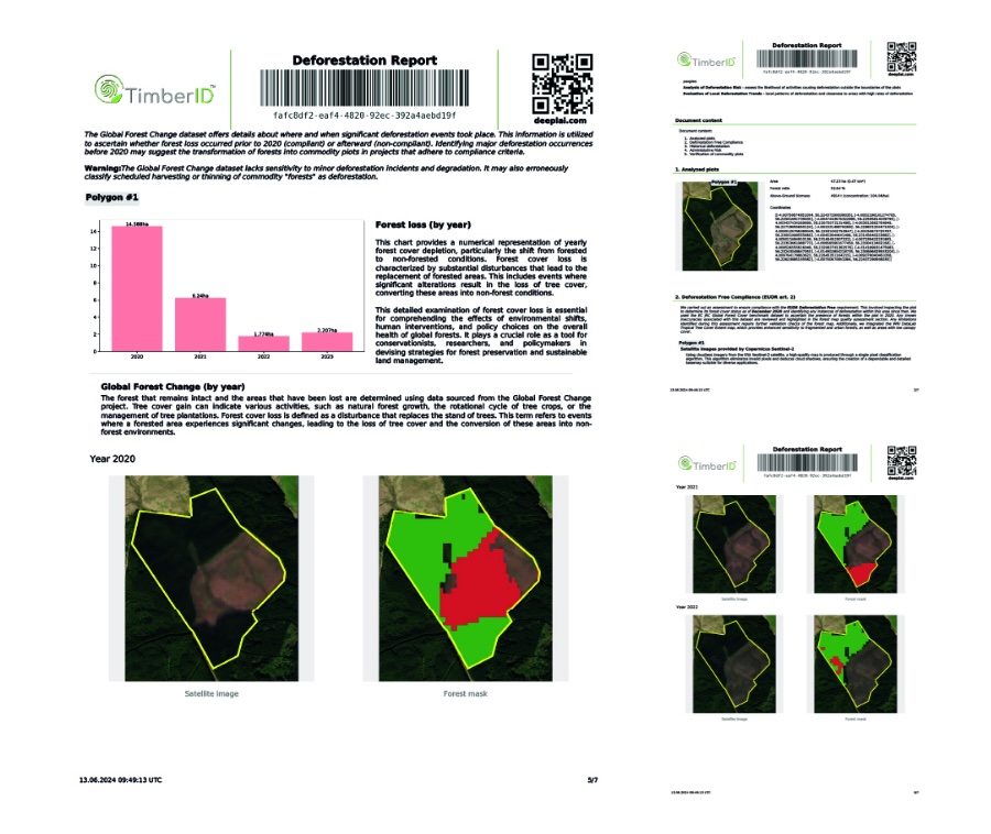 TimberID satellite imagery deforestation analysis report showing forest cover maps and risk assessment for EUDR compliance