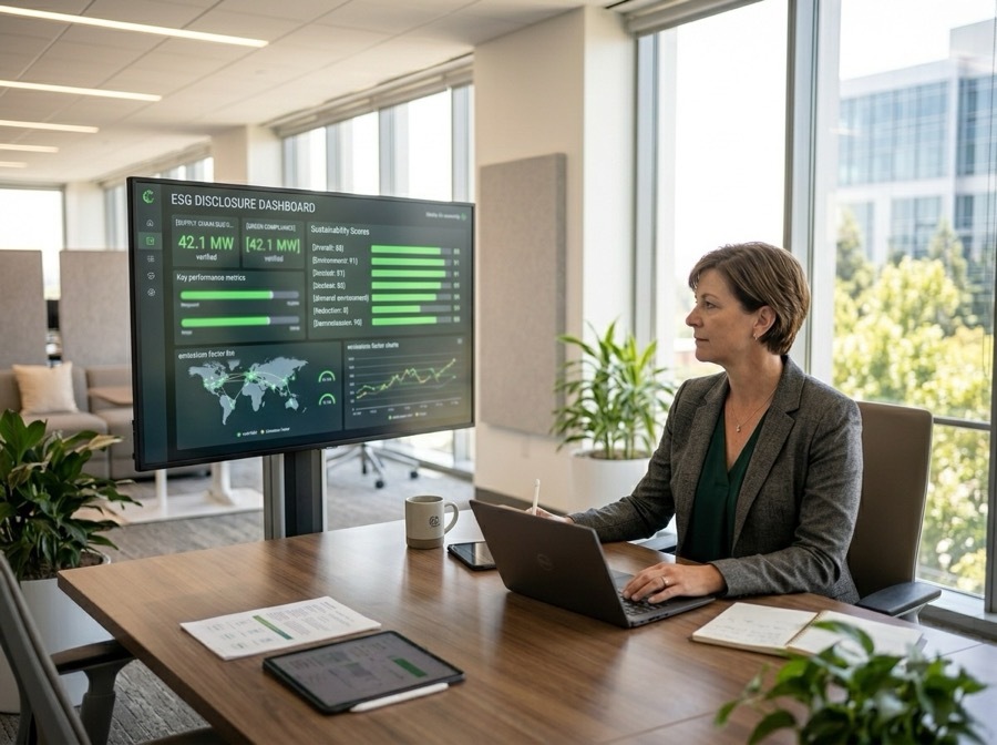 Sustainability specialist reviewing ESG disclosure dashboard with supply chain metrics